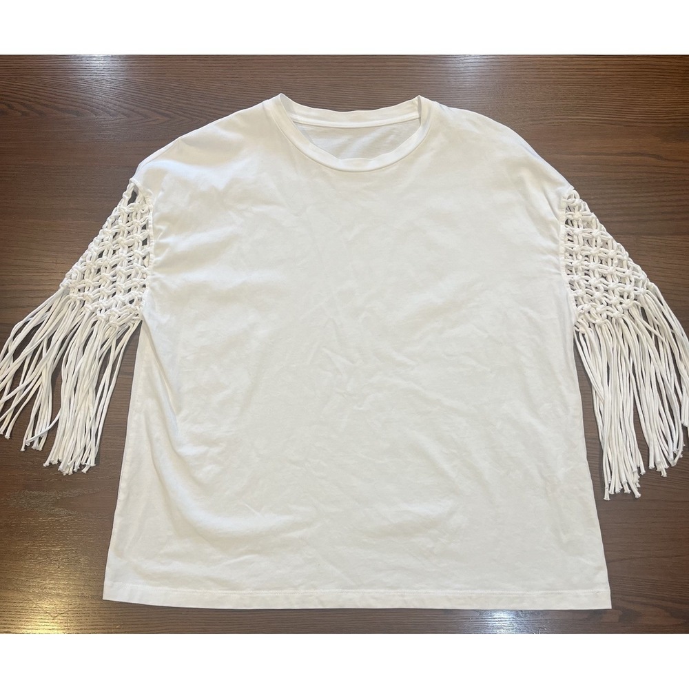 Zara White Cotton Top Crochet Macrame Fringe Sleeve Boho 3/4 Sleeve Tee L Tassel